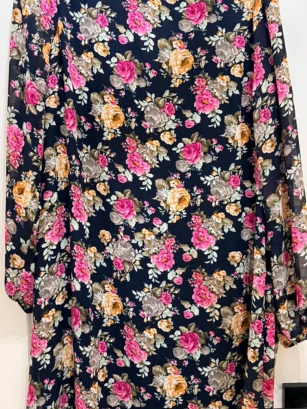 Forever 21 Navy Floral Long-Sleeve Shift Dress with Pink & Gold Roses size XL